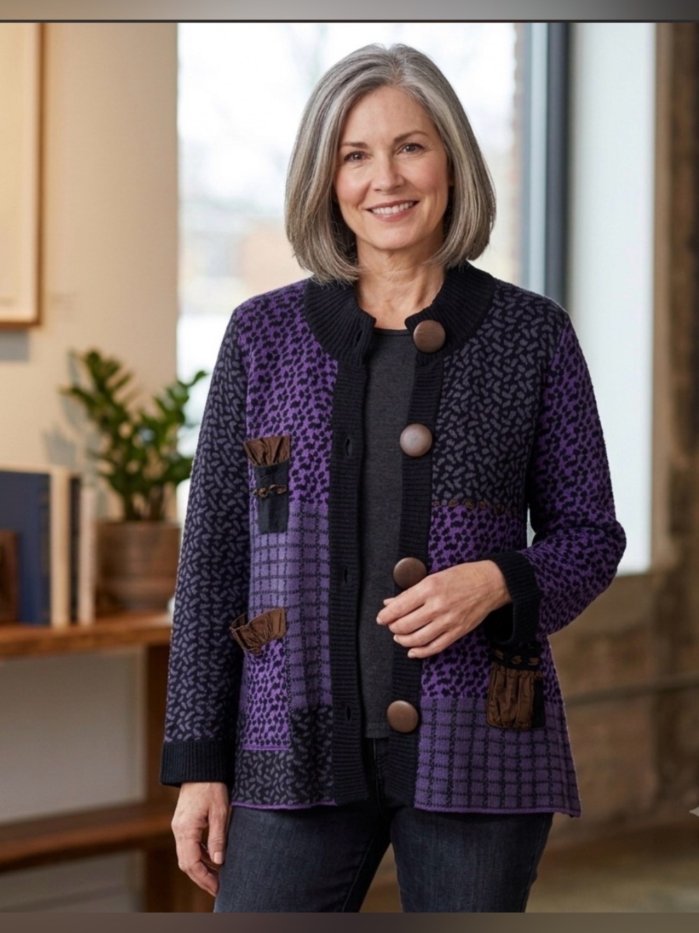 Z Brand Art-to-Wear Cardigan Sweater Purple Black Mixed Knit Button Front Size S